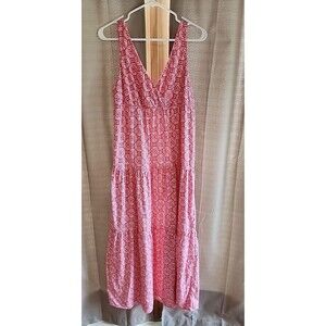 Merona Pink Long Maxi Dress Size Large Elastic Gathering Thin  Cross Strap Flowy